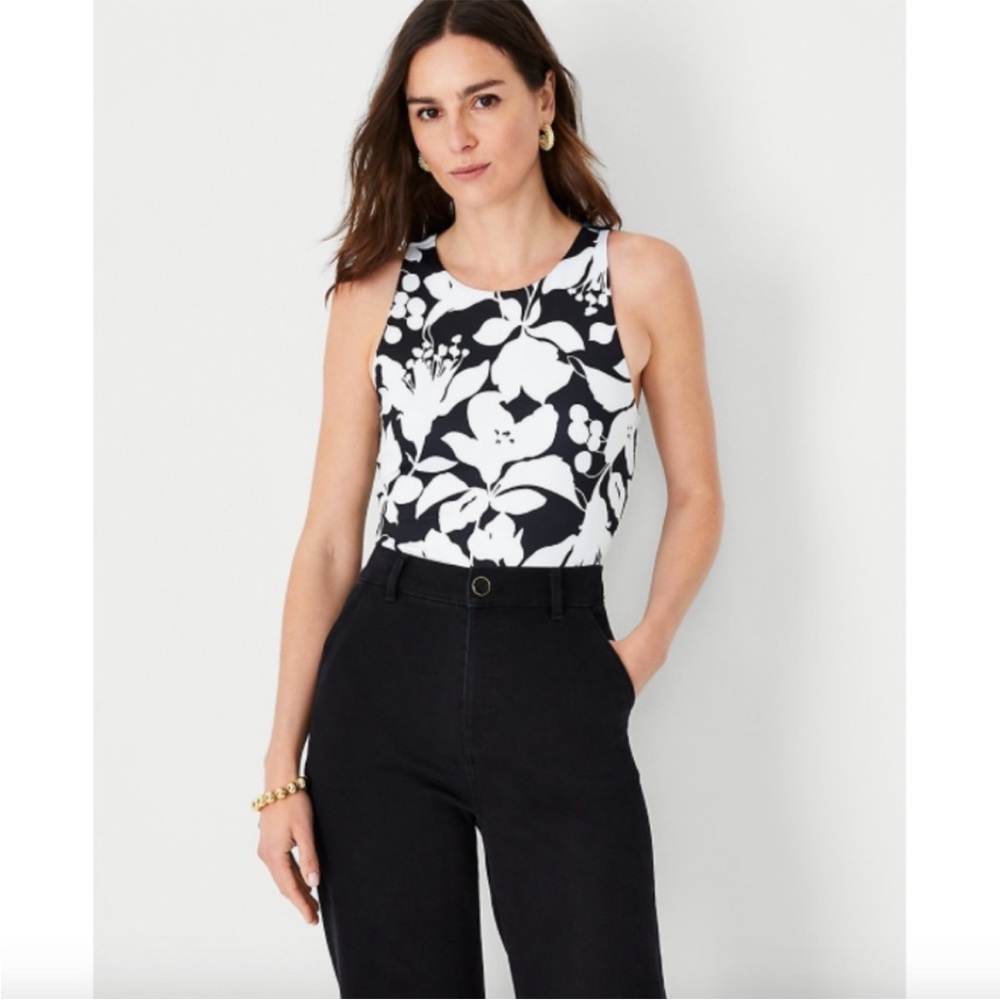 Ann Taylor Black and White Floral Print Shell